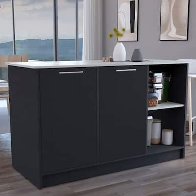 Kitchen Island with Black & Onyx Finish, Double Door Cabinets, 2 Open Shelves, 59" Countertop
