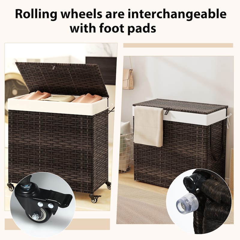 3-Compartment Laundry Basket Bags with Wheels Lid and 125L Capacity Removable - 25.5" x 13" x26" (L x W x H)