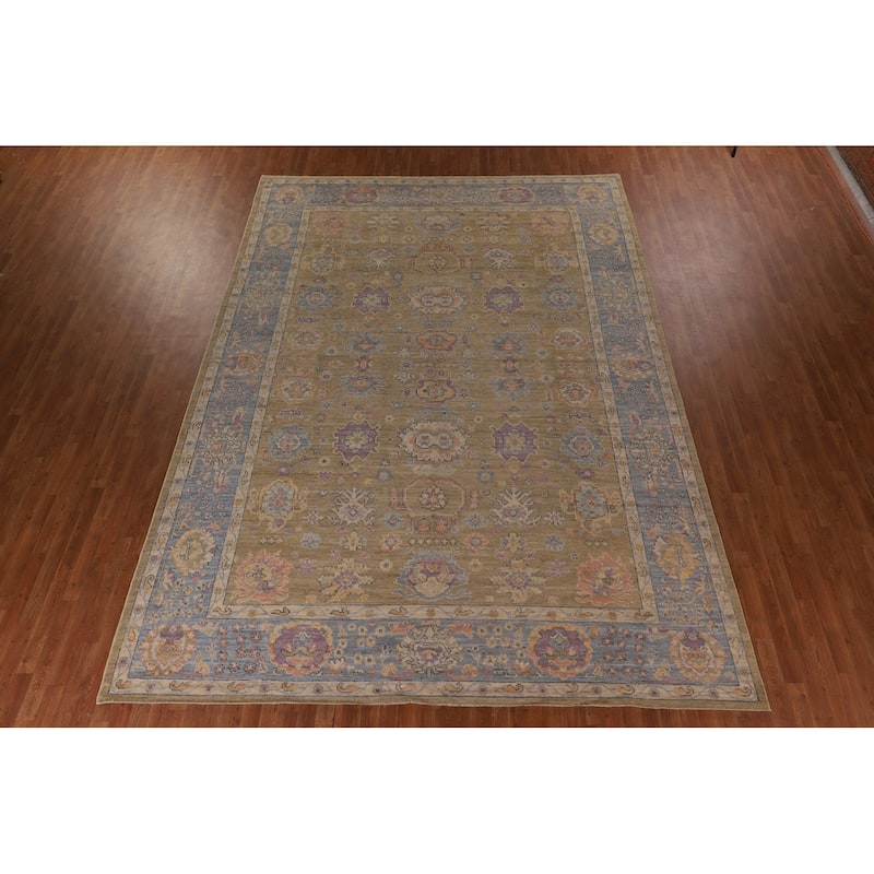 Vegetable Dye Floral Oushak Large Rug Hand-Knotted Wool Carpet - 9'10" x 13'6"