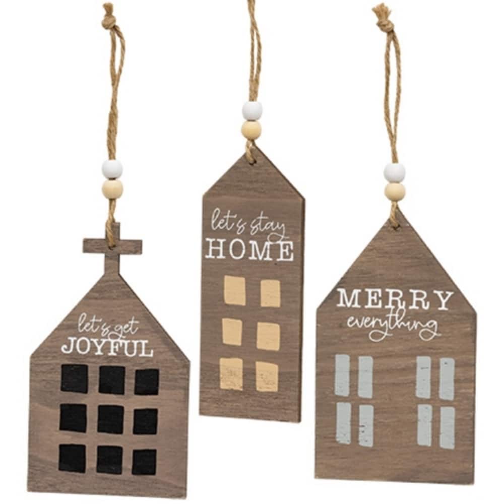 Set of 3 Merry Joyful Home Wooden Christmas Ornaments with Jute String Loops Rustic Winter Decor - Home: 5”H x 2”W x 0.25”D