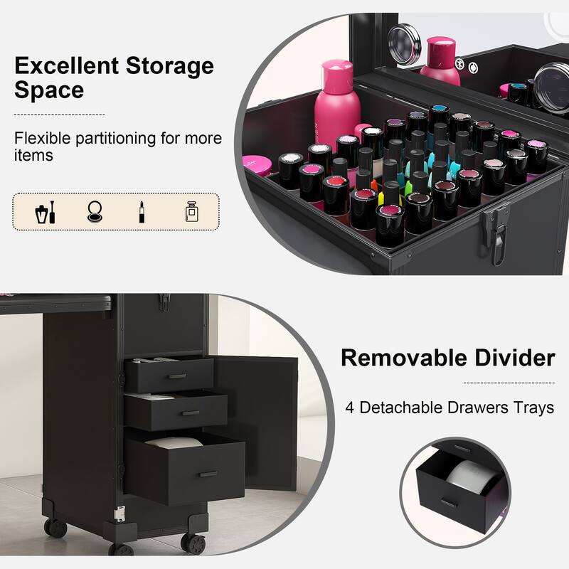Portable Nail Art Table w/ LED Mirror, Bluetooth, Lockable Drawers, Telescopic Pole - Folding Manicure Station for Salons