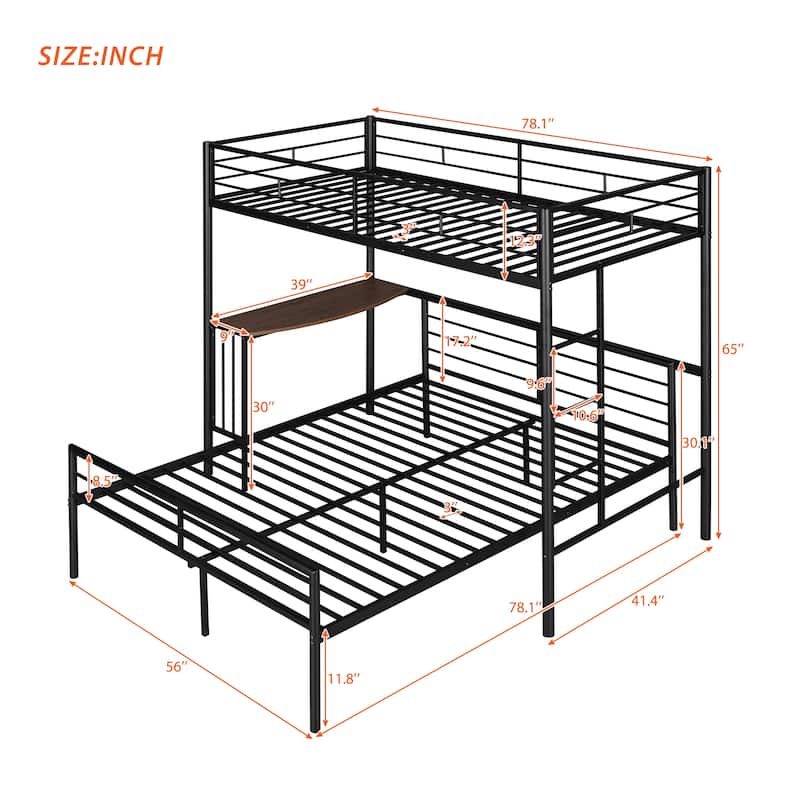 Twin over Full Metal Bunk Bed with Desk, Ladder, and Quality Slats