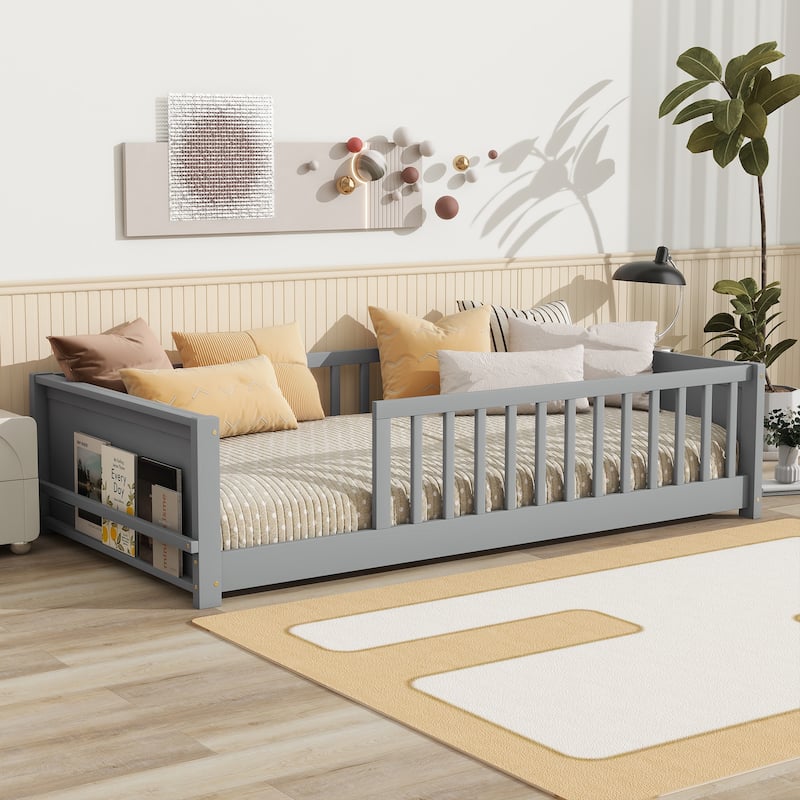 Grey Twin Floor Platform Bed with Built-in Book Rack and Safety Fence - Grey