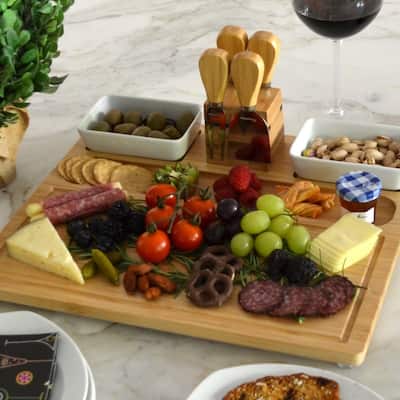 Acacia 7-piece Charcuterie Board with Ceramic Trays & Cheese Tools