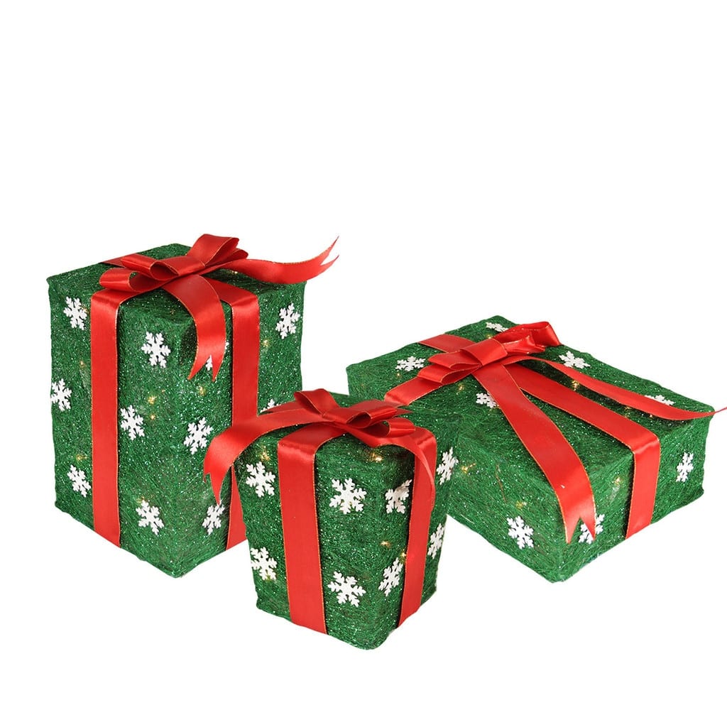 3 Pre-Lit Green Red Gift Boxes Outdoor Christmas Decorations 13"
