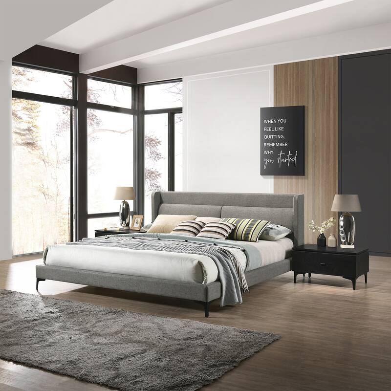 Gray Fabric Bed Set with Nightstands - Modern Platform Bedroom Furniture