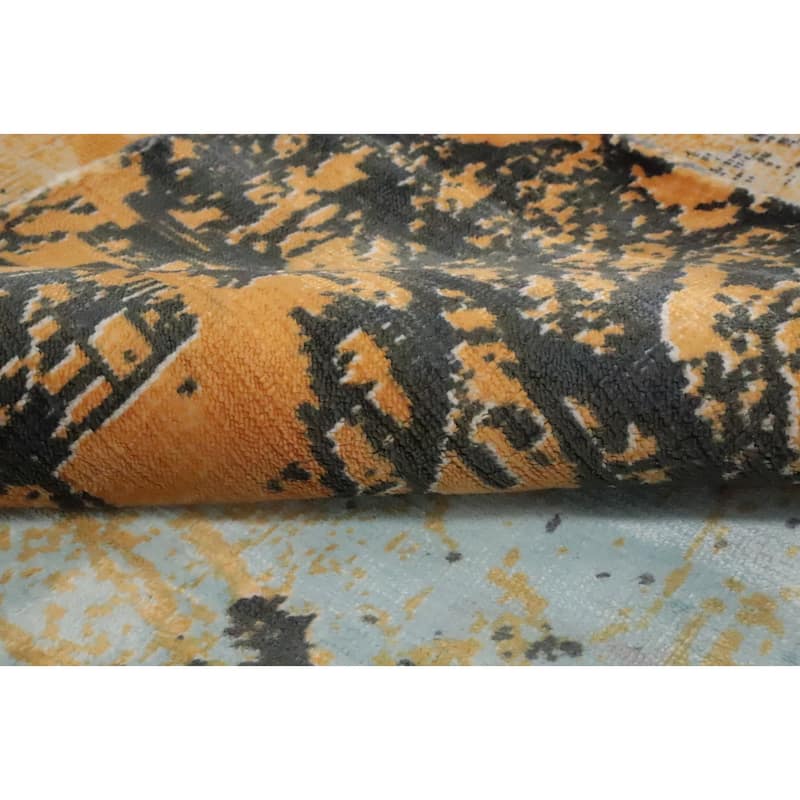 Hand Knotted Oriental Viscose Silk Carpet Modern Pictorial Multi-Colored Abstract Area Rug - 7' 9'' X 5' 6''