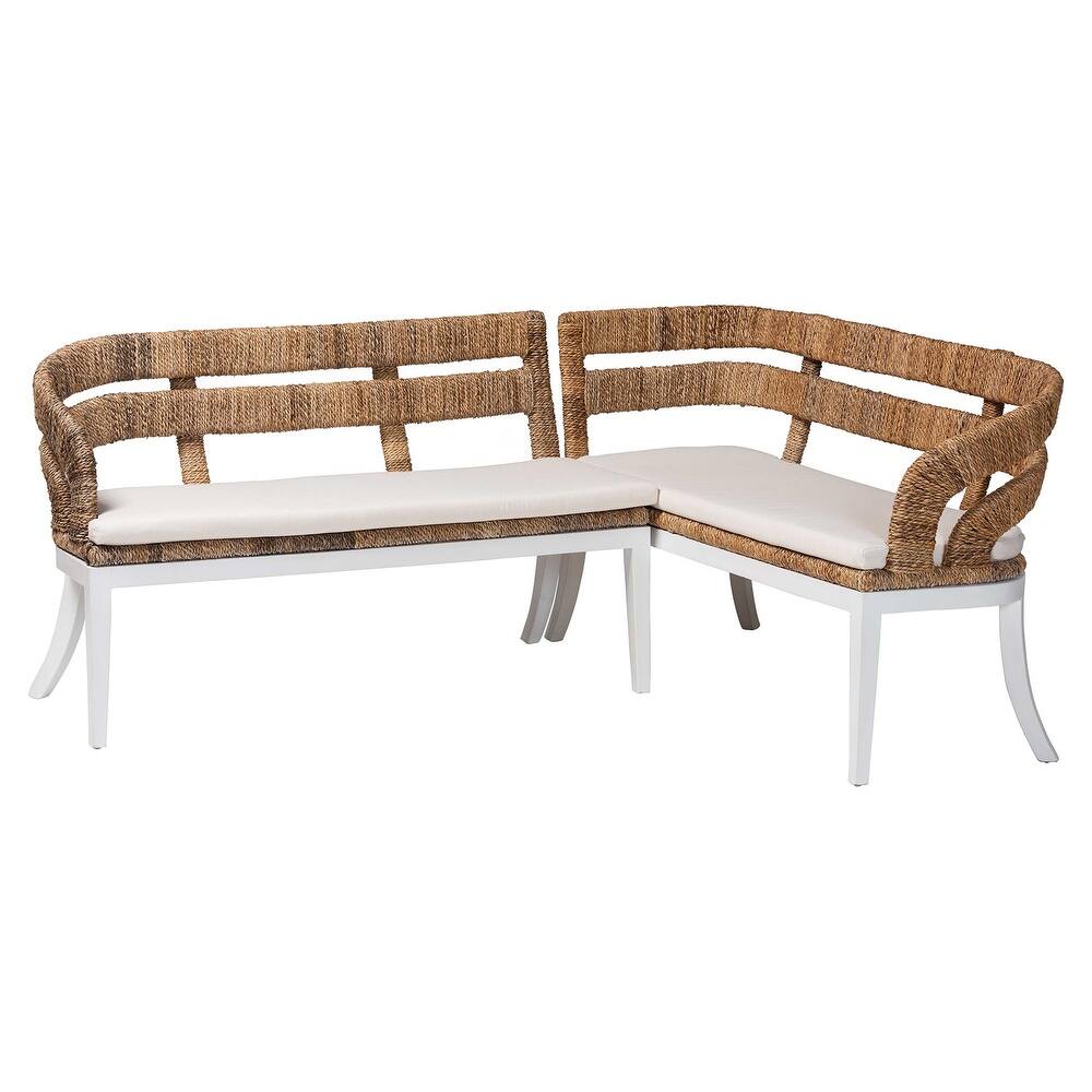 Ubud Seagrass Dining Nook Set with Mahogany Wood Frame - L-Shaped Rattan Accent Corner Bench for Kitchen or Dining Room, 2-Piece