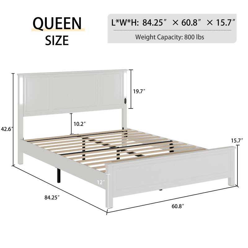 Led Queen Size Bed Frame Platform Bed with Charging Station, Wood Headboard and Footboard, No Box Spring Needed