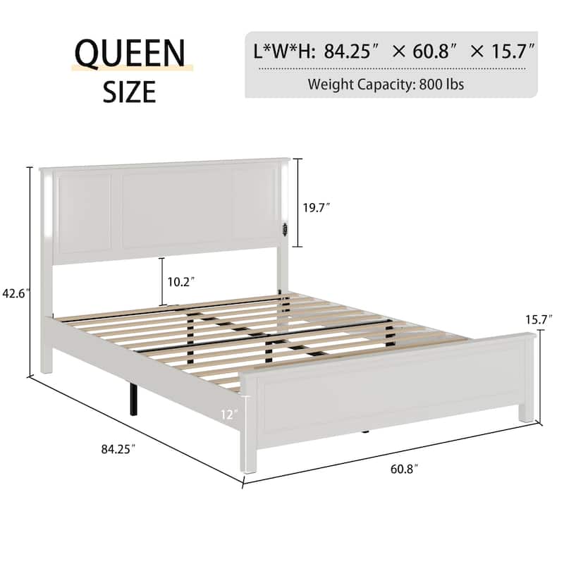 Queen Size Platform Bed with Wood Headboard,Charging Station and LED Lights