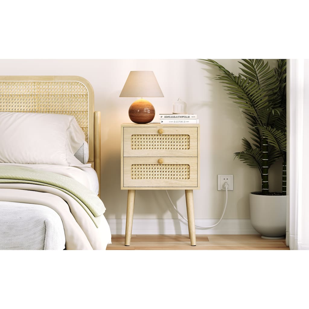 White 2-Drawer Nightstand with USB Charging Ports and Open Shelf