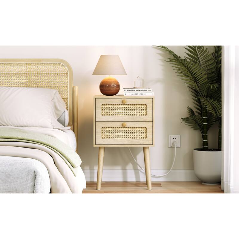 White 2-Drawer Nightstand with USB Charging Ports and Open Shelf - Natural