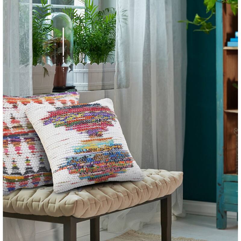 Sevita White and Multicolored Chindi Geometric Throw Pillow