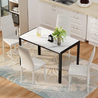 Eureka 5 Piece Modern Faux Marble Dining Set, Kitchen Table Set with 4 Upholstered PU Leather Chairs, Dining Table Set