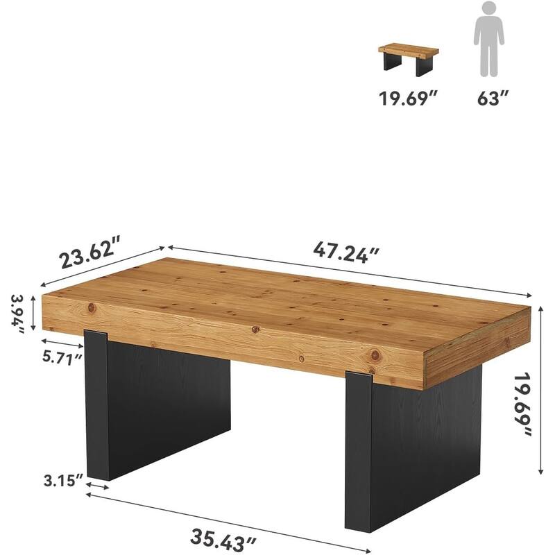 47.2" Solid Wood Coffee Table, Two-Tone Modern Rectangle Table for Living Room & Bedroom