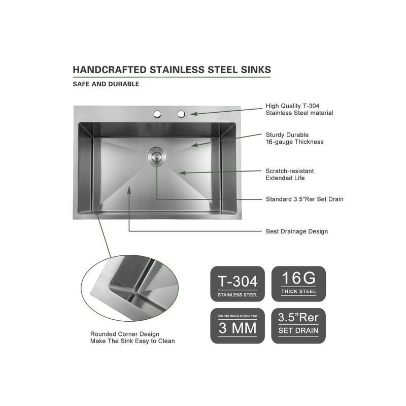 33 Inch Topmount Sink - Drop in Stainless Steel Kitchen Sink 16 Gauge 9 Inch Deep Single Bowl Kitchen Sink Basin