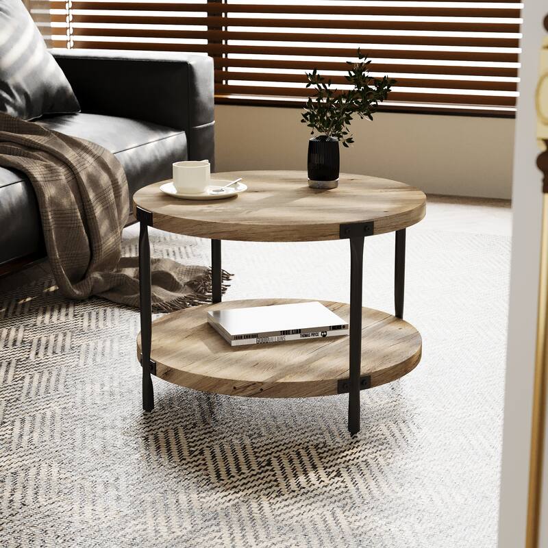 GDFStudio - Vale Minimalist Double Layer Round Coffee Table with Open Storage and Metal Frame Support, Easy Assembly - 29.61"W