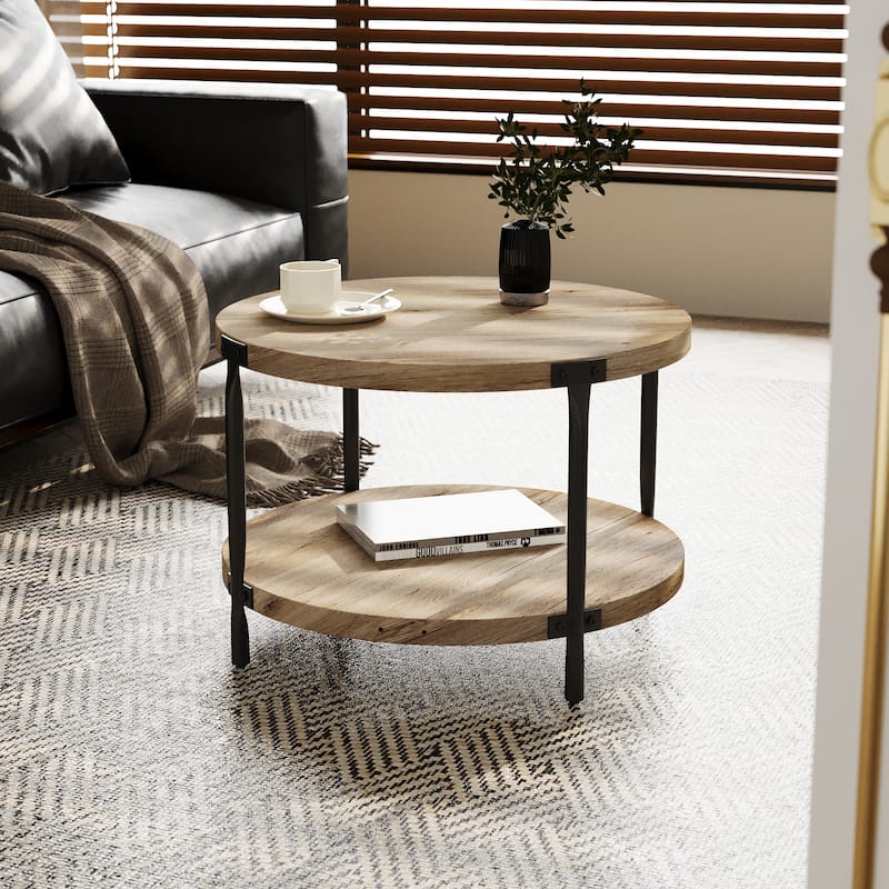 Modern minimalist style circular Bohemian coffee table, 31.4''natural circular wooden double-layer coffee table