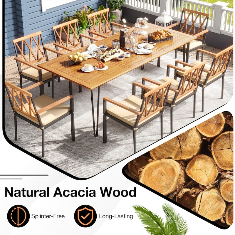 Gymax 9 PCS Patio Dining Set w/ 8 Chairs Acacia Wood Table Top
