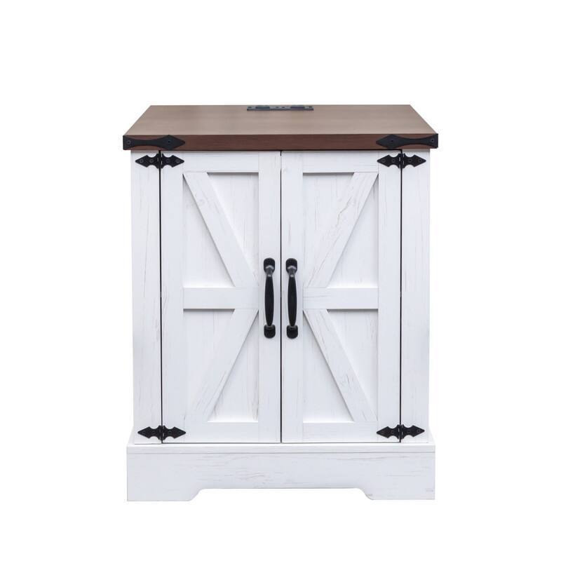 Farmhouse Nightstand with Charging Station, Rustic Bedside Table with Shelf