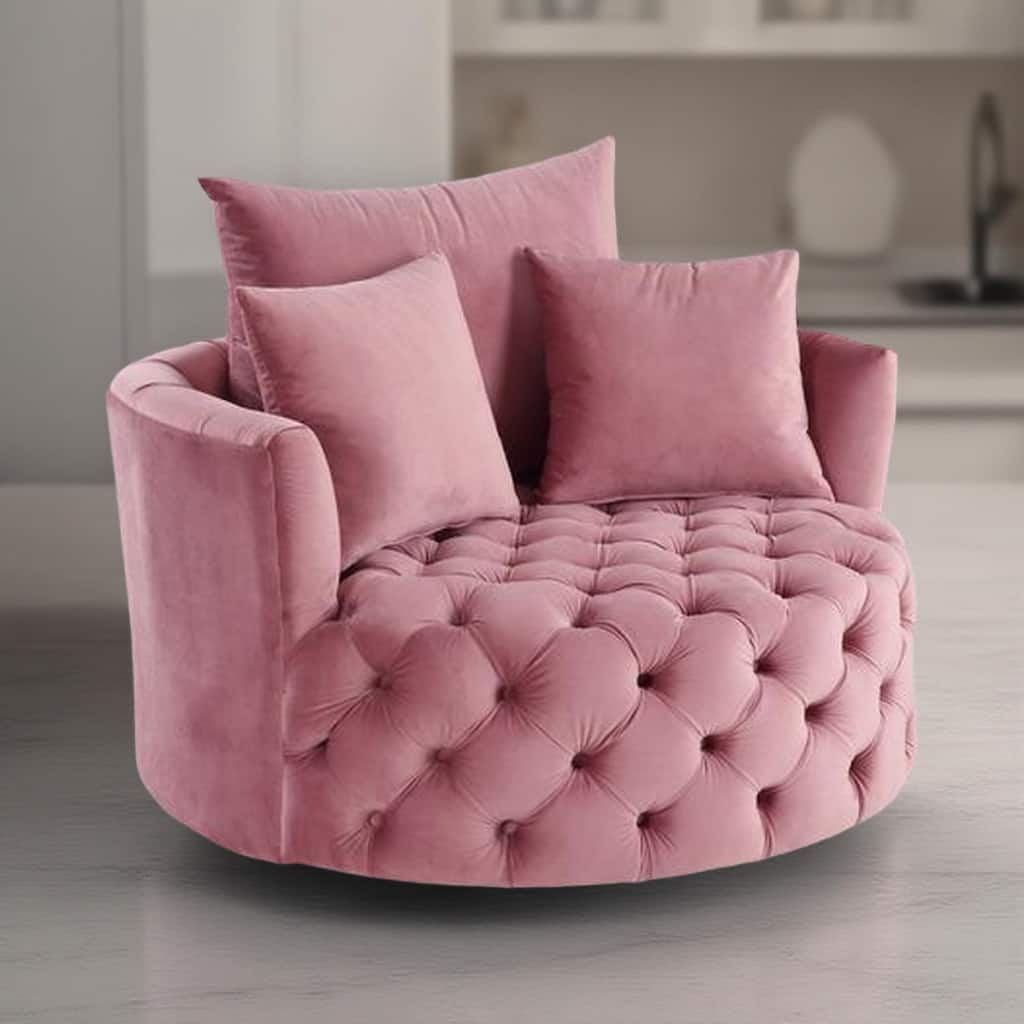 Swivel Accent Chair with Curved Design and Button Tufting, Pink