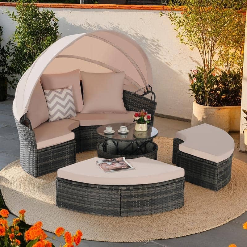 5 Pieces Outdoor Patio Rattan Round Daybed Sunbed with Retractable Canopy and Removable Cushions