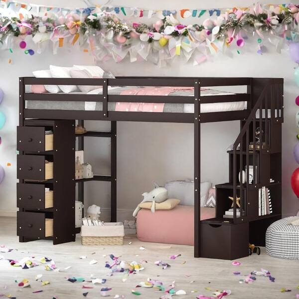 slide 2 of 16, Twin size Loft Bed with Storage Drawers and Stairs,Wooden Loft Bed with Shelves Espresso