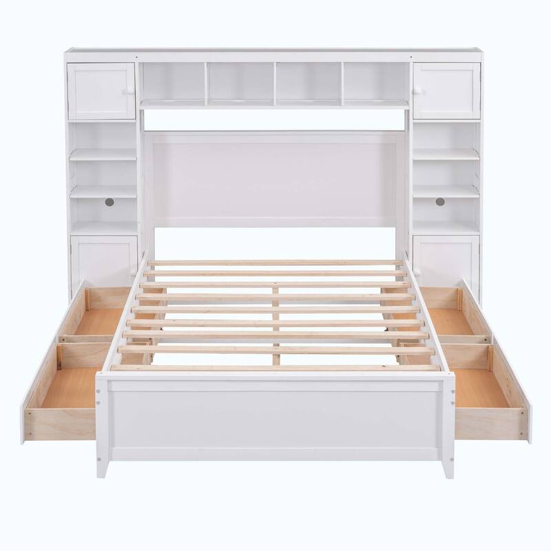 Full Size Wooden Bed With All-in-One Cabinet and Shelf