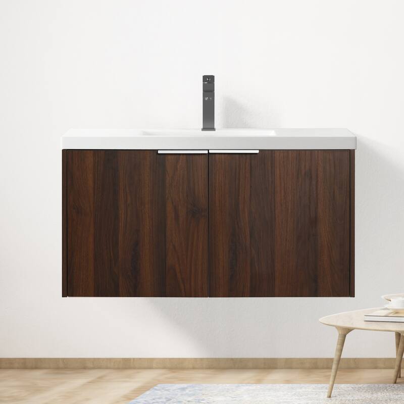 Floating Bathroom Vanity with Resin Sink, Soft Closing Doors, Metal Handles, and Ample Storage Space - 35.4in L Plywood - California Walnut