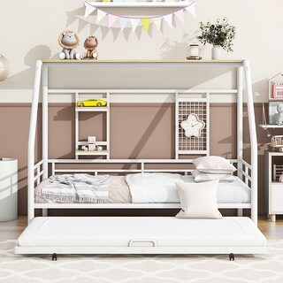 Twin Size House-shaped Platform Bed Frame with Trundle, Metal Bed with Spport Legs, Pull-out Bed with Shelf, White