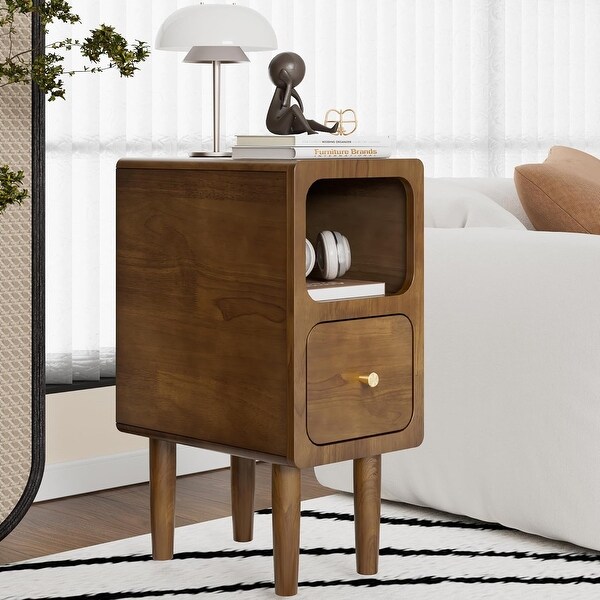Compact Walnut Nightstand with Drawers and Open Shelf for Small