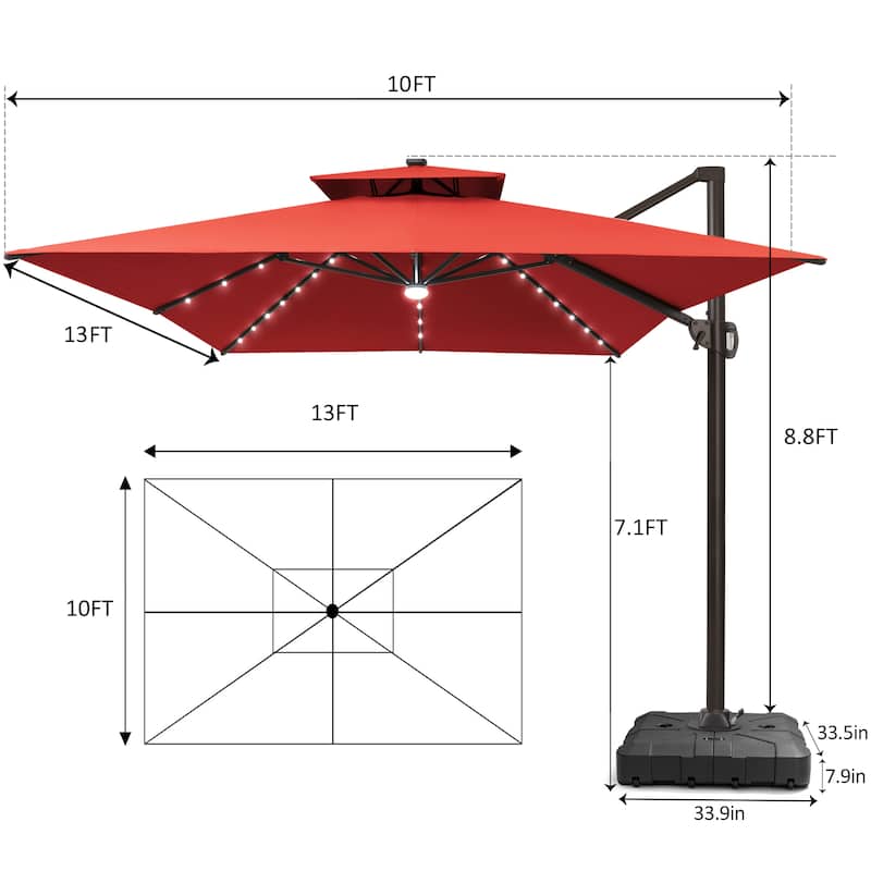 Pellebant 10 x 13FT Outdoor Rectangular Cantilever Patio Umbrella Solar LED Lighted with HDPE Base