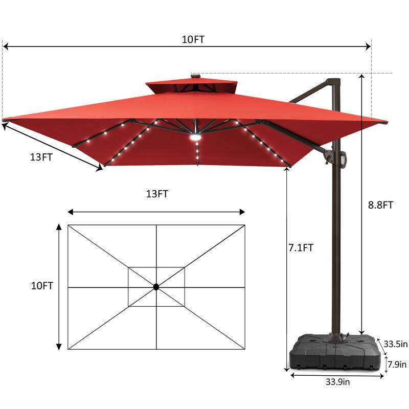 Pellebant Outdoor 10x13FT Patio Cantilever Umbrella Dual Top Lar Lighted with Wheel Base