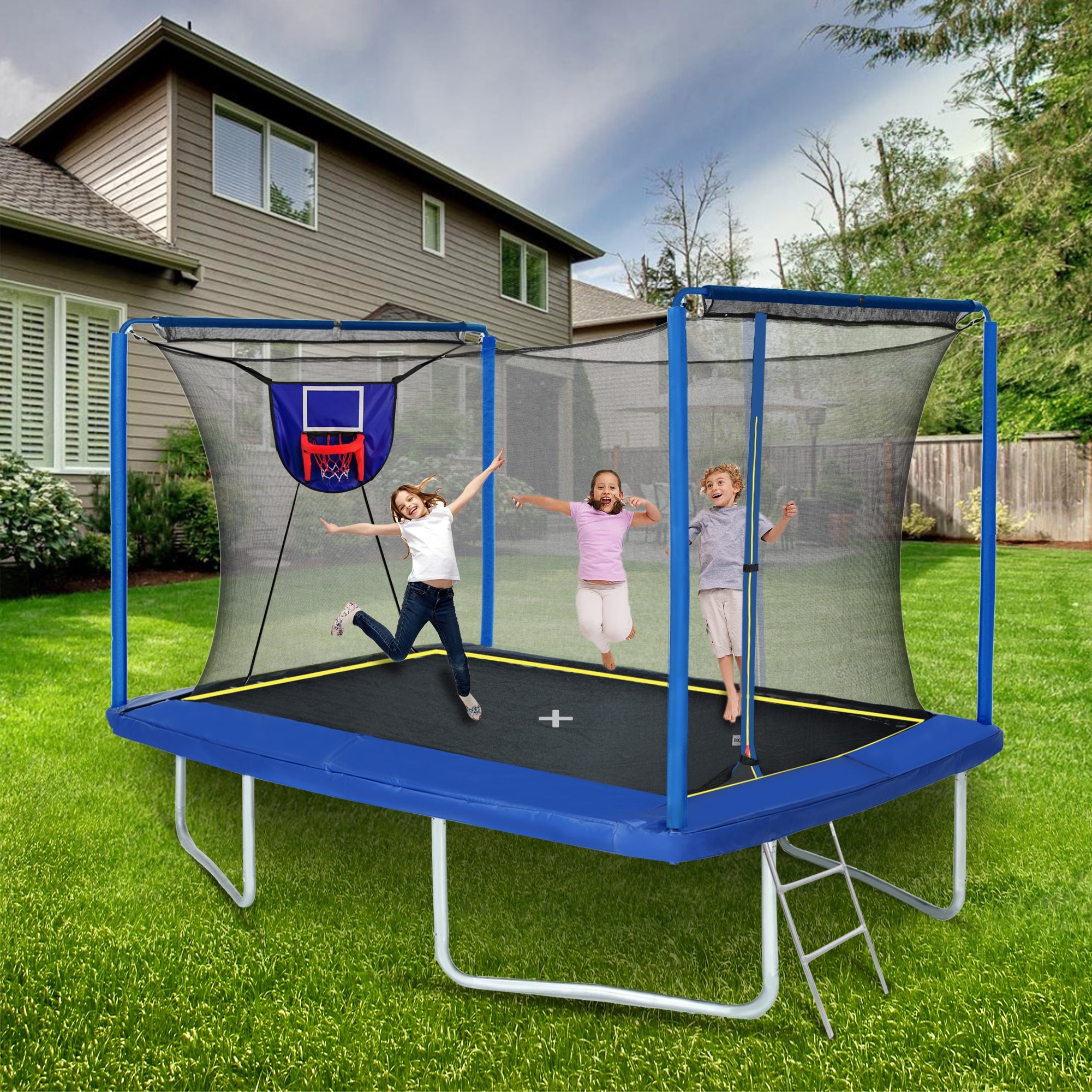 8ft X12ft Rectangular Trampoline with Basketball Board,Ball Inflater and Ladder-Blue