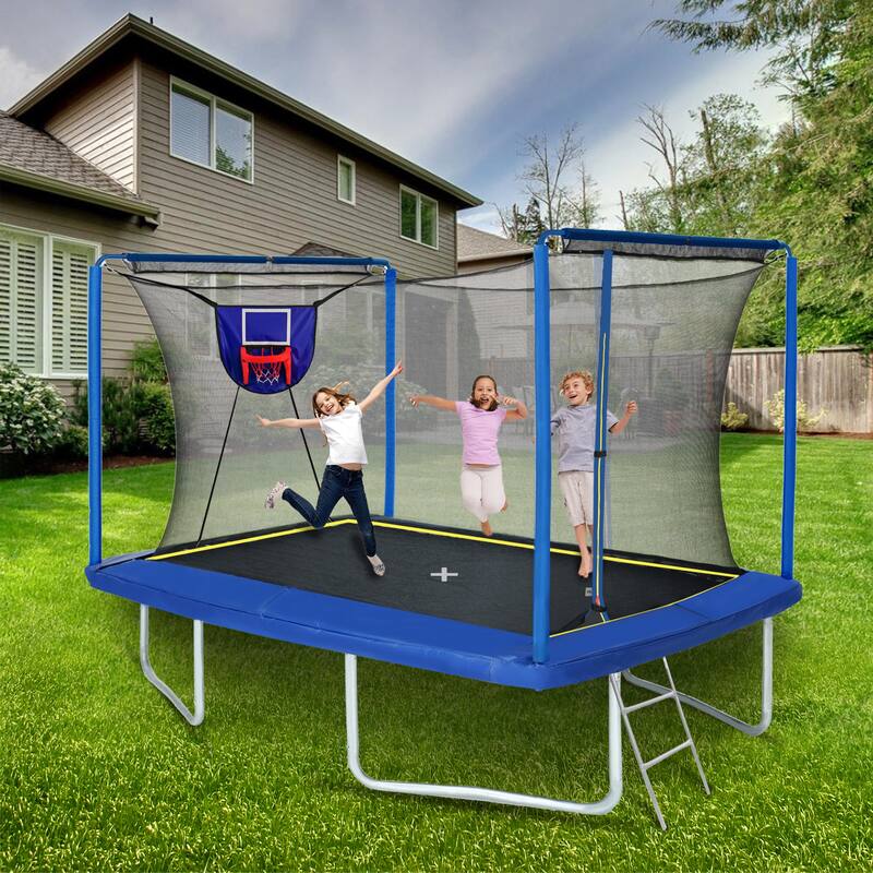 8ft by 12ft rectangular trampoline with basketball board,ball inflater and ladder-Blue ASTM standard tested and CPC certified