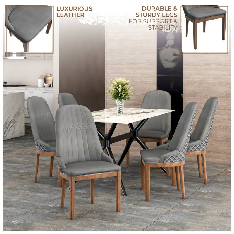 Leather Dining Chair with Rubberwood Legs Side Charis Sleek Diamond Stitching Back