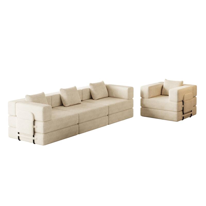 Corduroy Modular Sleeper Sofa Bed with Side Pockets and Anti-slip Pads