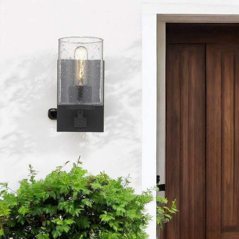 Matte Black Steel Wall Sconce with Seeded Glass Shade Hardwired, LED - 5.75” x 4.5” x 8.75” (D x W x H)