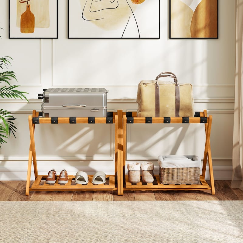 Set of 2 Oak Acacia Wood Folding 2-Tier Luggage Rack with Straps and Shelf - 27" x 16.5" x 23"