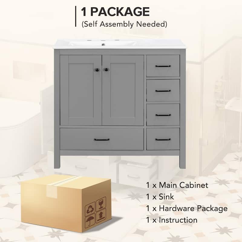 36" Bathroom Vanity with Ceramic Sink, Freestanding Cabinet with 2 Soft Close Doors and 5 Drawers, Solid Wood Frame