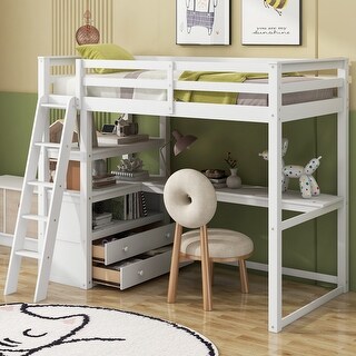 Twin Size Loft Bed with Built-in Desk, Two Drawers and Shelves, Sturdy Wood Bedframe High Loftbed Frame, for Kids Teens Bedroom