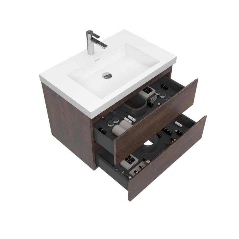 ABRUZZO 24" Floating Single Bathroom Vanity Wall-Mounted with Integrated Resin Top Basin 2 Soft Close Drawers Full Assembly