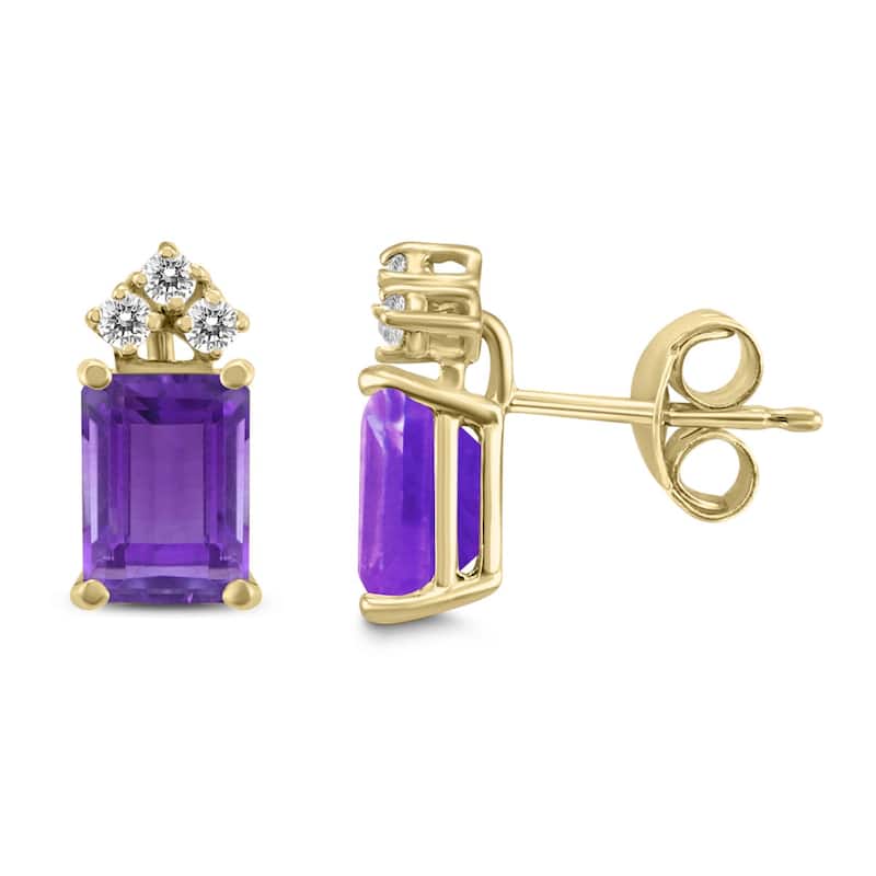 Marquee 14K Yellow Gold 7x5MM Emerald Shaped Amethyst and Diamond Earrings