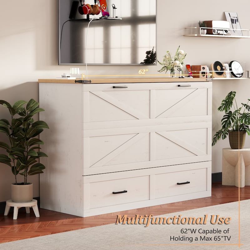 Queen Murphy Bed with Charging Station, Farmhouse Murphy Cabinet Bed with Large Storage Drawer, Hideaway Foldable Platform Bed