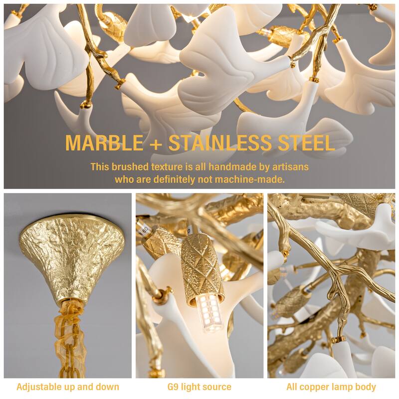 Modern Ginkgo Leaf Ceramic Chandelier, Moon Ring Round Pendant Light, D550-D1200, Gold Finish