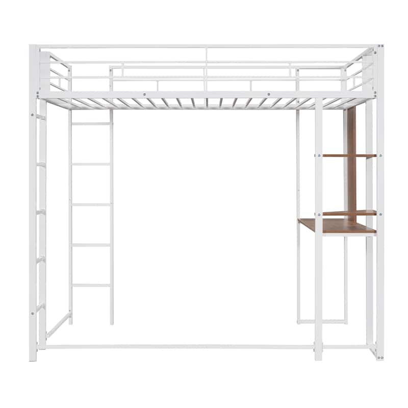 White Twin Size Metal Loft Bed with Ladder, Fence, Shelves, and Desk