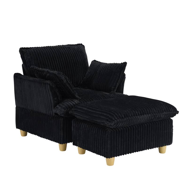 Single-seat Corduroy Sofa with Ottoman and Throw Pillows, 60x36x34 inches, Black