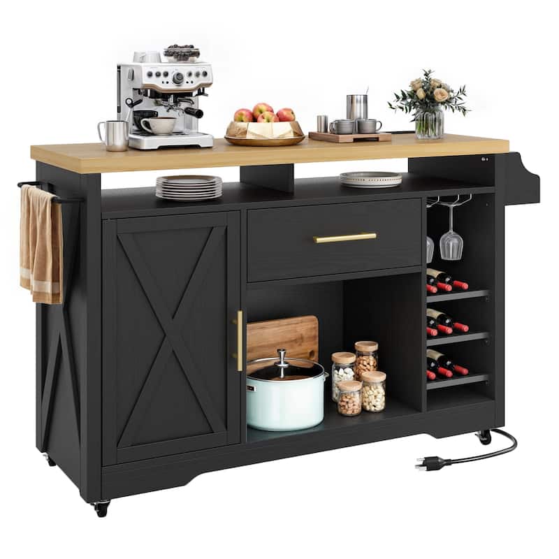 Moasis 47" Wide Mobile Kitchen Island Cart with Wine Storage Cabinet and Drawer&Power Outlet
