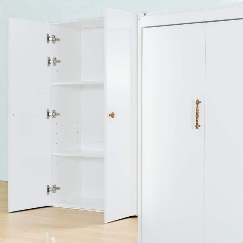 Queen Size Murphy Wall Bed with Sofa and Storage Cabinets, Folding Bed with Shelves for Small Spaces