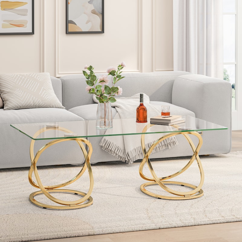31.50" Modern Rectangle Glass Coffee Table with Ring-Shaped Frames
